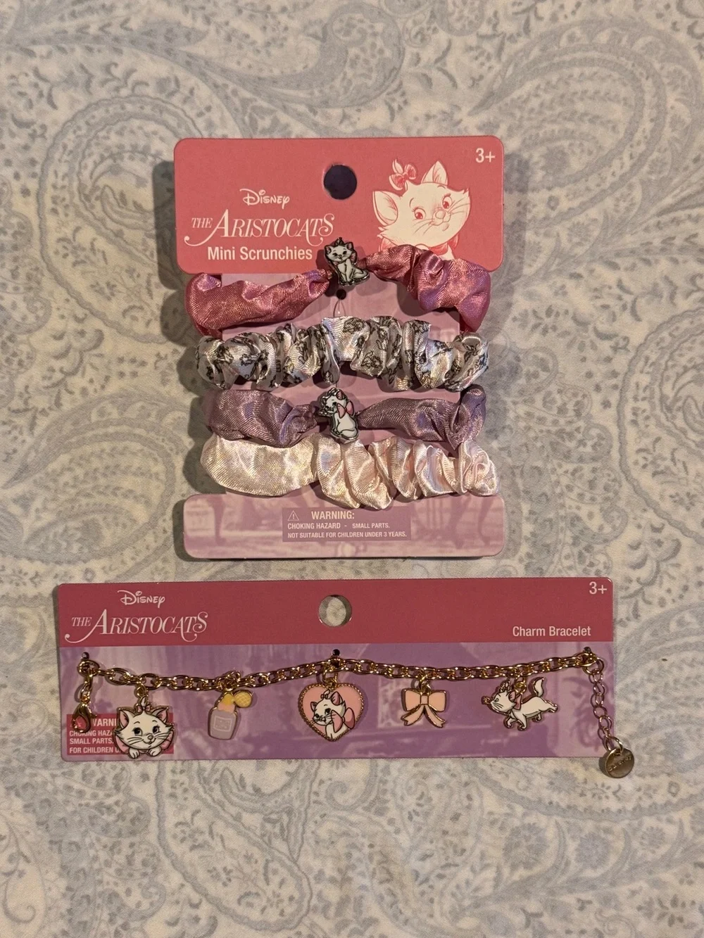 Disney The Aristocats Pink Lavender Mini Scrunchies and Gold tone Charm Braclet